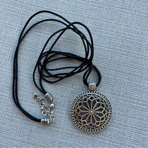 Brighton Silver Tone Medallion Black Leather Cord Necklace 32” long